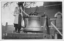 Catherine Wentworth with replica Liberty Bell outside Independence Hall September 1920 for 19th Amendment celebration Catherine Wentworth with replica Liberty Bell outside Independence Hall September 1920 for 19th Amendment celebration.jpg