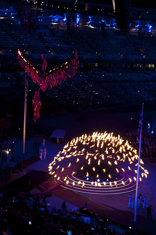 The Olympic cauldron at the 2012 Summer Olympics closing ceremony, opening out prior to being extinguished
