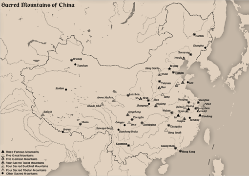 Mappa delle montagne sacre della Cina ripartite secondo gruppi e con indicazione delle principali città cinesi come punti di riferimento.