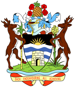 Antigua and Barbuda designed 1966 by Gordon Christopher, adopted 1967 Arms: Barry wavy of six Argent and Azure, a sugar mill on a grassy ground, proper; and a chief wavy Sable, a rising sun radiant Or