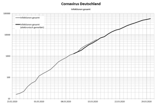 Erkrankungen kummuliert in Deutschland logarithmische Darstellung.