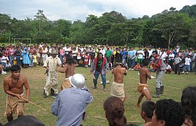 "Dia del Indigena" celebration in Rancho Grande, Talamanca, Limon Province. Re-enactment of the Spanish arrival and indigenous resistance. DiaDelIndigena.JPG