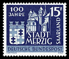 Saarländische Briefmarke, 1957, 100 Jahre Stadt Merzig