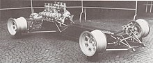 De Tomaso P70 racer backbone chassis and running gear. The same parts were later used in production De Tomaso Mangusta. De Tomaso P70 chassis at Turin Motor Show in November 1965.jpg