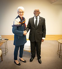 Lejeune Mbella Mbella with US Deputy Secretary of State Wendy Sherman in 2022 Deputy Secretary Sherman Meets With Cameroonian Foreign Minister Lejeune Mbella Mbella (52565732764).jpg