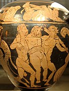 Stamnos etrusco decorado con la representación de Sileno ebrio acompañado por dos jóvenes, ca. 300 a. C.