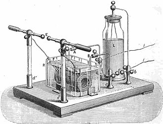 Small medical Tesla coil. The coil is immersed in oil to provide insulation. Unlike the Oudin, the Tesla coil is bipolar. Ducretet Tesla coil.jpg