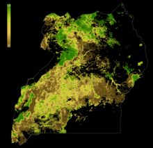 Forest Landscape Integrity Index 2019 map of Uganda. Forest condition measured by degree of anthropogenic modification. 0 = Most modification; 10= Least. Created in Google Earth Engine. National boundaries = LSIB 2017: Large Scale International Boundary Polygons, Detailed, US Officer of the Geographer FLII Uganda.png