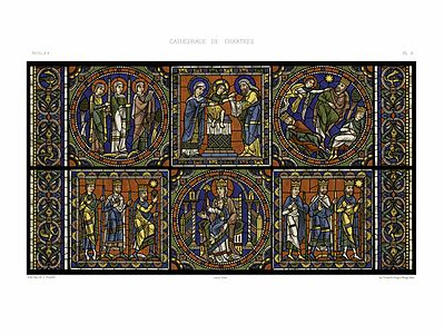 Chrome lithography of the stained glass window of the Cathedral of Chartres: The life of Jesus