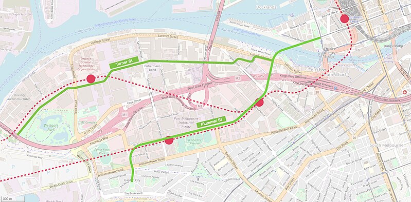 Map showing the two proposed extensions of the tram network through Fishermans Bend and two options for the proposed metro rail tunnel, according to the State Government's 2018 framework.