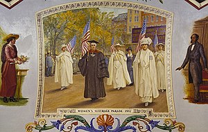 Mural in U.S. Capitol featuring NAWSA leaders Anna Howard Shaw and Carrie Chapman Catt at a 1917 suffrage parade, by Allyn Cox Flickr - USCapitol - Women's Suffrage Parade, 1917 cropped.jpg