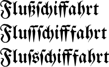 The word now spelt Flussschifffahrt
typeset in Fraktur (thus containing the long s) as written before the reform, according to the typesetting rules published shortly after the reform, and according to the currently (2011) recommended typesetting rules. Flussschifffahrt.svg