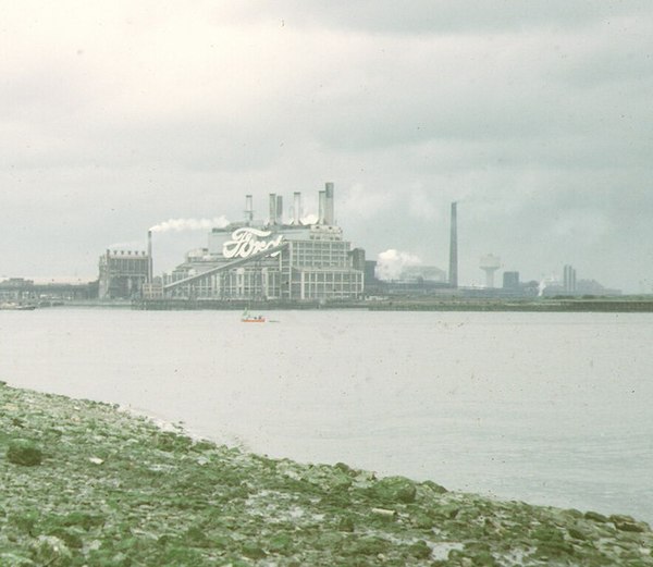 Ford Dagenham in 1973, displaying what was at the time the largest neon sign in Europe