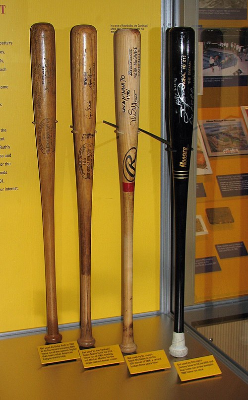 Left to right: Babe Ruth's 60th home run bat (1927), Roger Maris's 61st home run bat (1961), and Mark McGwire's and Sammy Sosa's 70th and 66th home ru