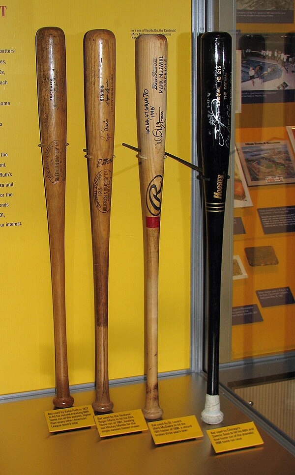 Four historically significant baseball bats showcased in the National Baseball Hall of Fame's traveling exhibit "Baseball As America". From left to ri