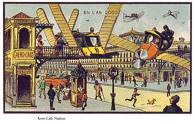 Air cabs - hansom cabs of the (then) future, depicted in En L'An 2000 illustrated by Jean-Marc Côté