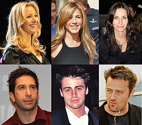 Friends, which premiered on NBC in 1994 became one of the most popular sitcoms of all time. From left, clockwise: Lisa Kudrow, Jennifer Aniston, Courteney Cox, Matthew Perry, Matt LeBlanc, and David Schwimmer, the six main actors of Friends. Friends actors montage.jpg