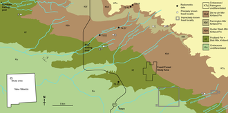 Geological map of the southeast San Juan Basin; B (upper middle) is where the holotype was found Geological map of the southeast San Juan Basin.png