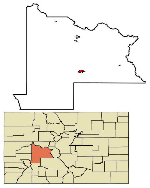 Location of the City of Gunnison in Gunnison County, Colorado.