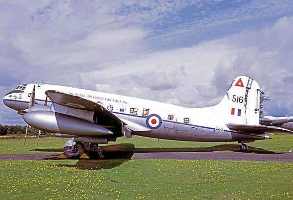 Handley Page Hastings C.1 of 48 Squadron wearing RAF Far East titles and the unit's red triangle symbol.