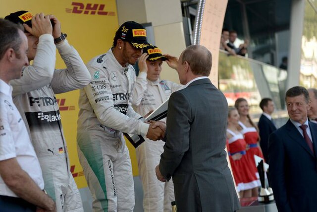 President Putin congratulates Lewis Hamilton, the winner of 2014 Russian GP