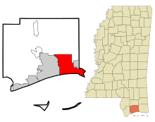 Harrison County Mississippi Incorporated and Unincorporated areas Biloxi Highlighted.svg