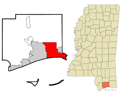 Ubicación en el condado de Harrison y el estado de Mississippi