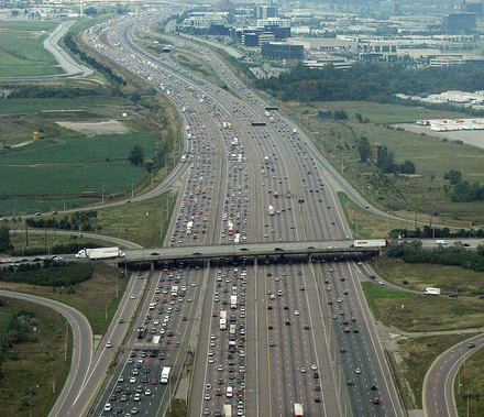 The widest segment of Highway 401 is near Toronto Pearson International Airport, with 18 through lanes. Also shown is the Dixie Road interchange.
