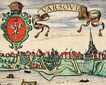 A paper engraving of 16th-century Warsaw showing St. John's Archcathedral to the right. The church was founded in 1390, and is one of the city's ancient and most important landmarks.