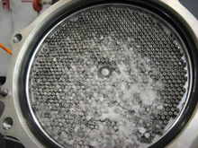 Laboratory duplication of ice crystals clogging the FOHE on a Rolls-Royce Trent 800 series engine taken from the NTSB report[7] addressing the incidents of BA Flight 38 and DL Flight 18.