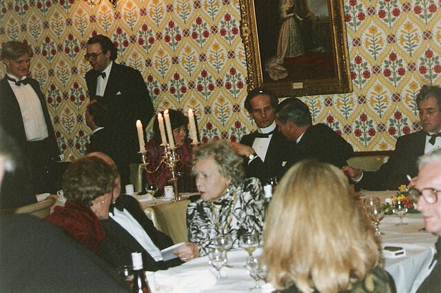 Left to right; Christoper Arkell & Lord Nicholas Hervey (standing) Gregory Lauder-Frost (speaking to Arkell), Countess Georgina Tolstoy, Count Nikolai