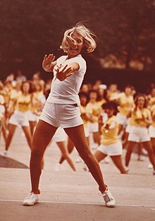 Sorensen leads an Aerobic Dancing, Inc., event in New York. This image was used on the cover of Sorensen's 1979 book. Jacki Sorensen at an Aerobic Dancing, Inc., event in New York.jpg