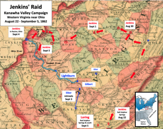 Loring planned to attack the Union force after Jenkins circled behind and cut off the Union path for retreat. Jenkins Trans-Allegheny Raid 1862V2.png