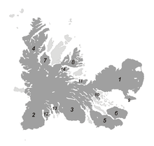 Carte de localisation des péninsules de la Grande Terre des Kerguelen.