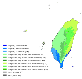 Köppen climate classification map for Taiwan for 1980–2016