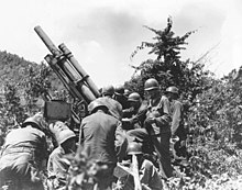 A group of soldiers readying a large gun in some brush
