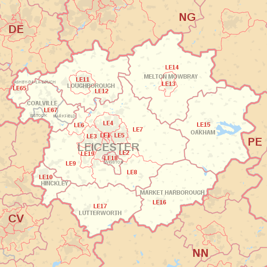 LE postcode area map, showing postcode districts in red and post towns in grey text, with links to nearby CV, DE, NG, NN and PE postcode areas. LE postcode area map.svg