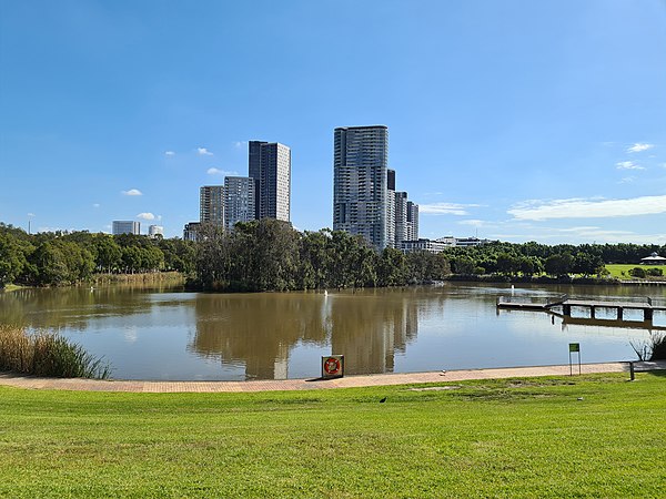 Lake Belvedere, with apartment towers in the background