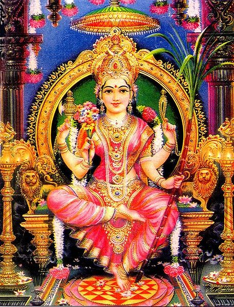 Sri Lalita-Tripurasundari enthroned with her left foot upon the Sri Chakra, holding her traditional symbols, the sugarcane bow, flower arrows, noose a