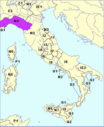 The N4 zone in purple corresponding to the Ligurian ethnic group. It is between the Var rivers in the West, the Po in the North, and the Magra in the East.