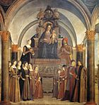 Heilig interview.  Bentivoglio-altaarstuk (Madonna en kind op de troon, Giovanni II Bentivoglio en leden van zijn familie).  1488. Olieverf op doek.  Kapel van Bentivoglio, kerk van San Giacomo Maggiore, Bologna