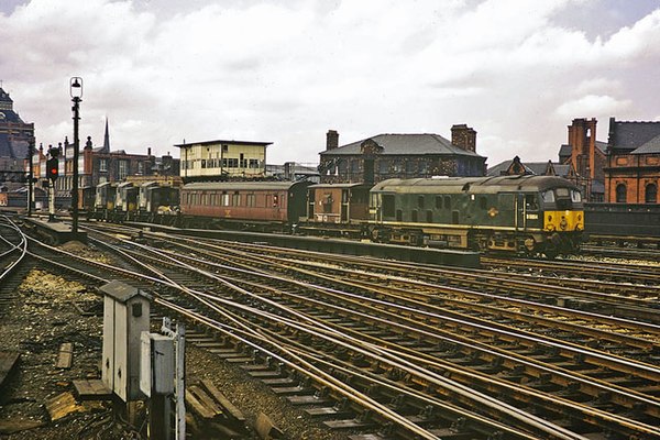 D5054 at Manchester Exchange with an engineering train, 1968.