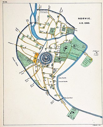 kaart van de 14e eeuw Norwich