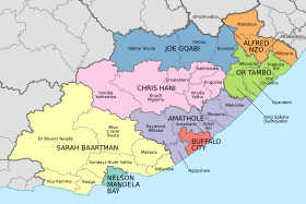 Map of the Eastern Cape with municipalities named and districts shaded (2016).svg