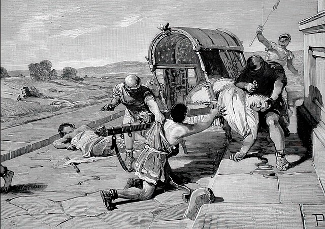 Marcus Tullius Cicero dragged from his litter and assassinated by soldiers under the command of Marc Antony 43 BC (1880 illustration)