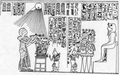 Schildering van Men en Bek. Zij geven offers aan de farao's Amenhotep III (rechts) en Achnaton (links)