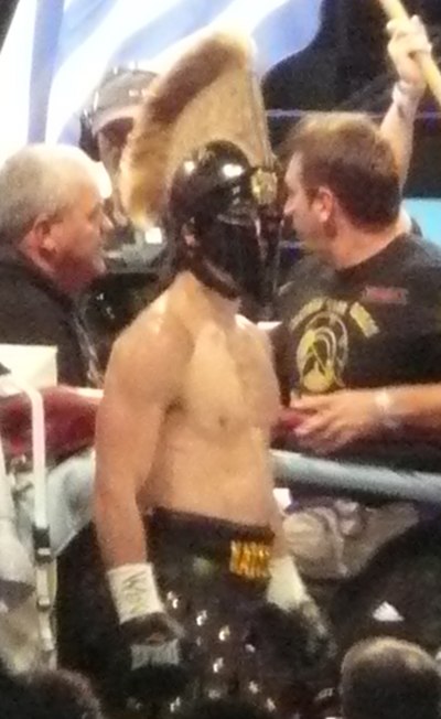 Katsidis wearing his signature helmet and trunks before entering the ring, 2010