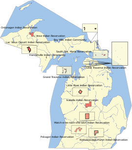 Map showing sites of Indian reservations in northern Michigan. MichiganIndianReservations.svg