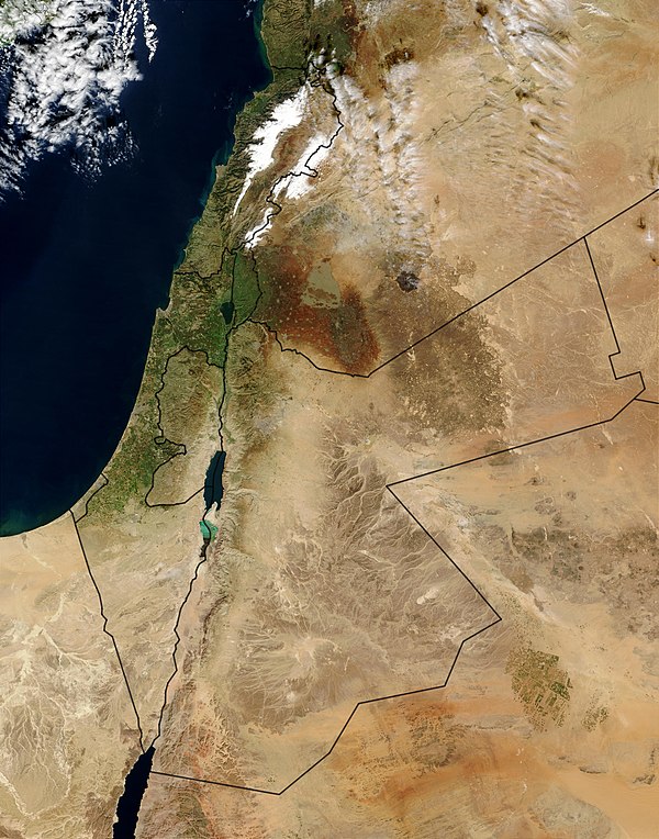 Countries pictured are (clockwise from top right) Syria, Iraq, Saudi Arabia, Egypt (across the Gulf of Aqaba), Israel, the occupied West Bank Territor