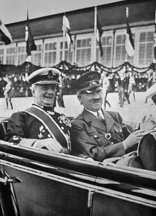 Hungarian leader Miklos Horthy and German leader Adolf Hitler in 1938. Miklos Horthy and Adolf Hitler 1938.jpg